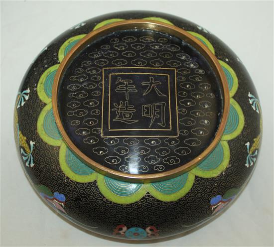 A Chinese cloisonne enamel dragon shallow bowl, Ming mark, early 20th century, diam.20.5cm, ebonised wood stand